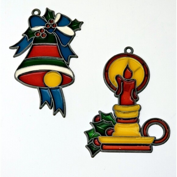 Stained Glass Vintage Suncatcher Christmas Ornament Lot 2 Candlestick & Bell VGC - Picture 7 of 8